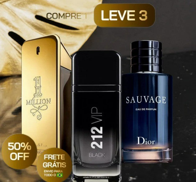 KIT 3 Perfumes Masculinos Importados (100 ml cada) - 212 Vip Black | Sauvage Dior | One Milion - LZ22